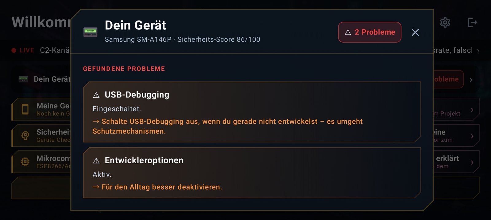 PEShield-App – Geräte-Check: gefundene Probleme