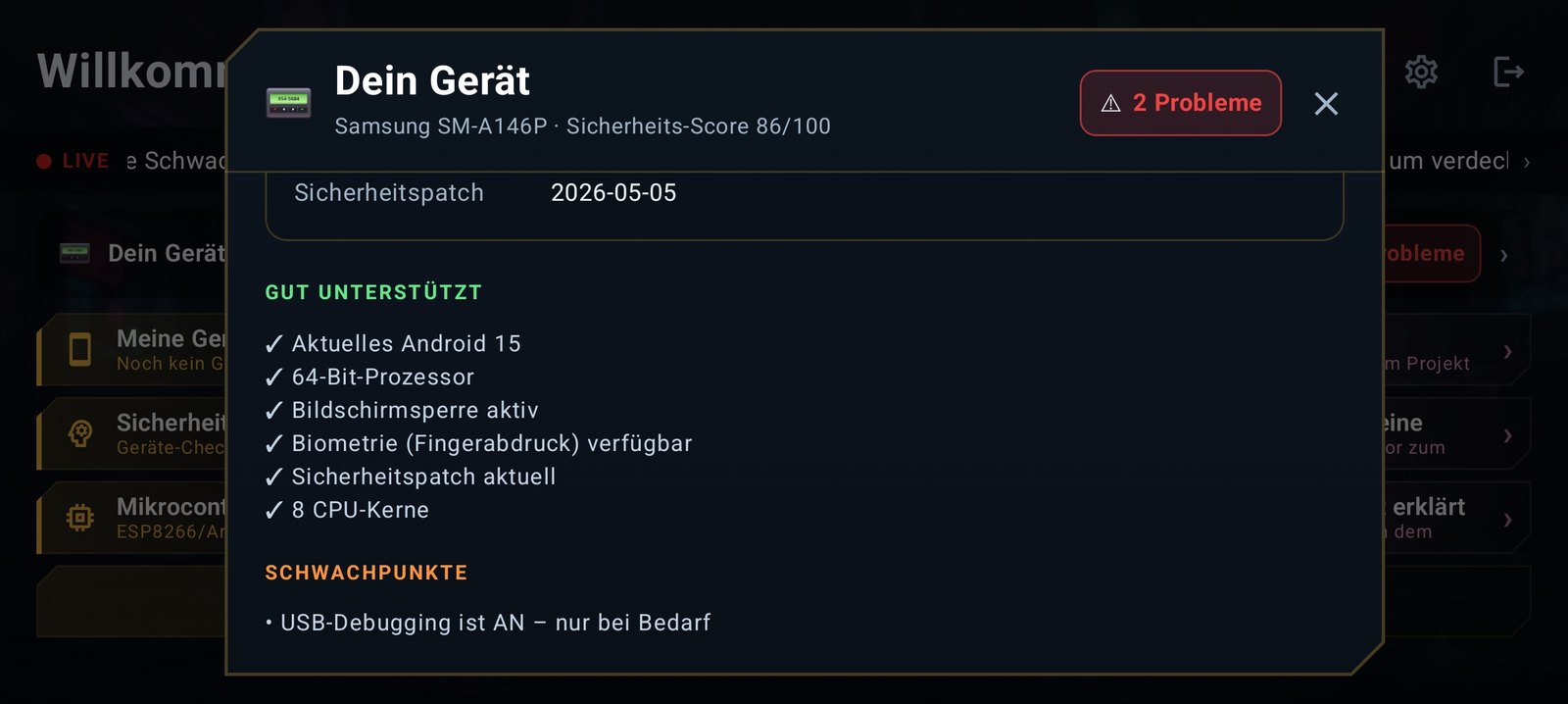 PEShield-App – Geräte-Daten & Sicherheits-Score