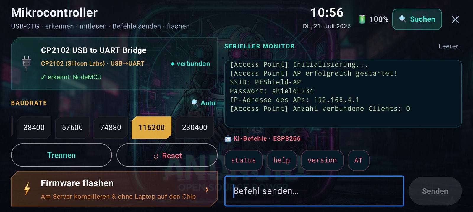 PEShield-App – Mikrocontroller: NodeMCU per USB-OTG verbunden, Live-Monitor