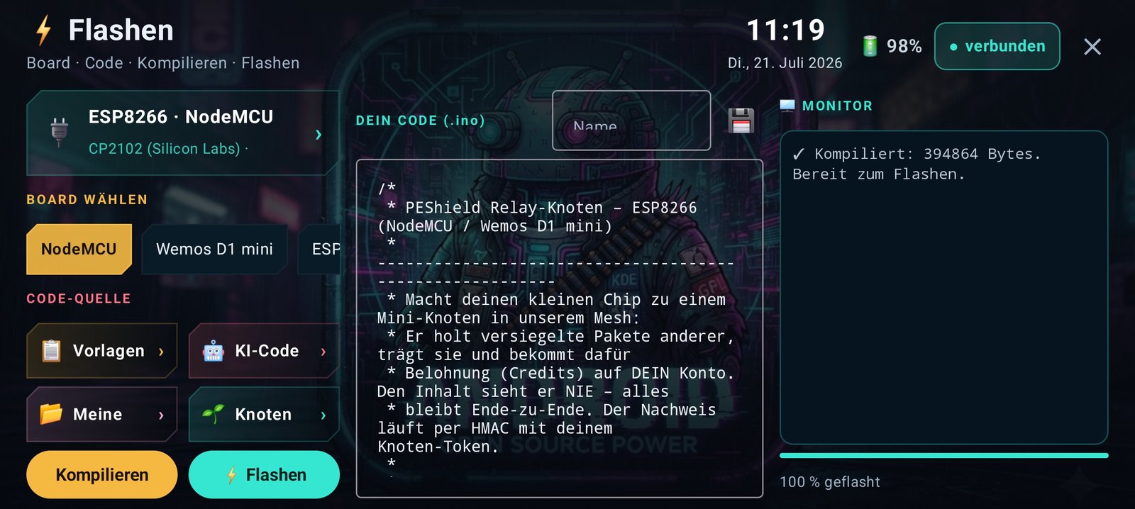 PEShield-App – Firmware flashen: Relay-Knoten kompiliert & zu 100% geflasht