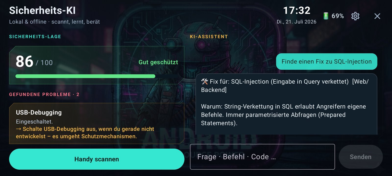 PEShield-App – Sicherheits-KI: Score, gefundene Probleme & KI-Fix